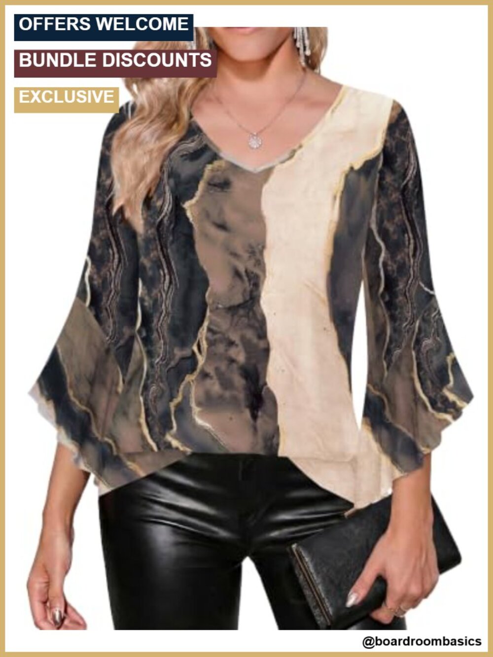 V Neck Ruffle 3/4 Sleeve Sequin Blouse